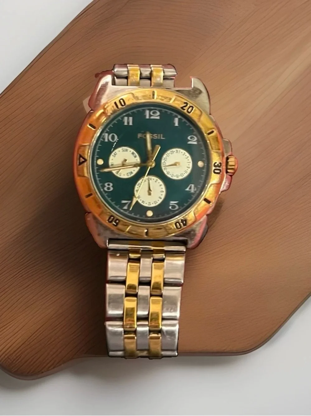 Vintage Fossil Two-Tone Green Dial Chronograph Watch